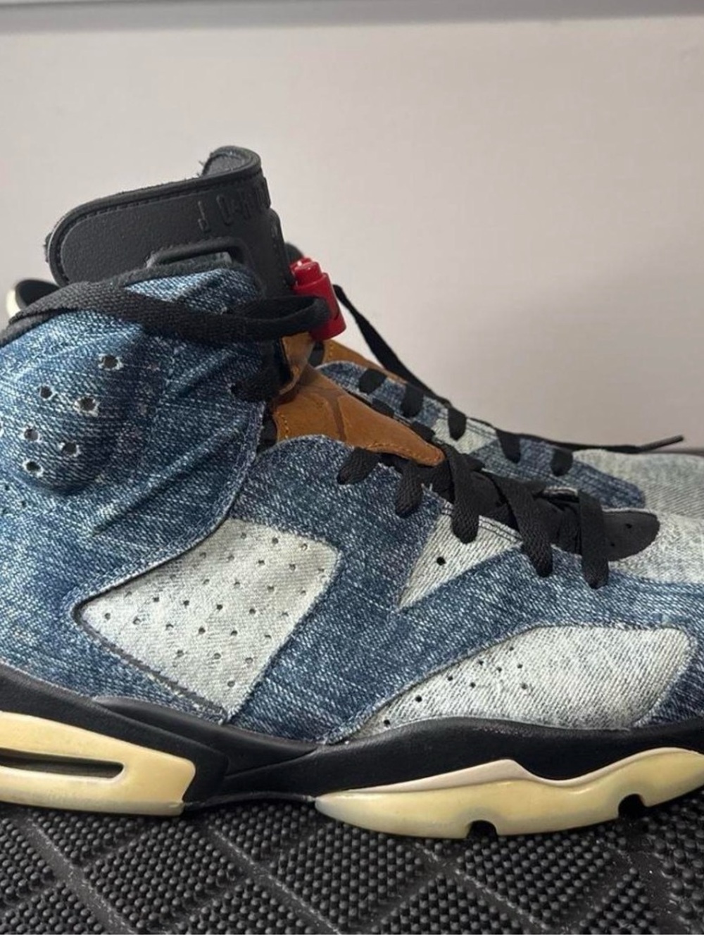 Jordan High-Top Sneakers in Denim Blue, Black, and Tan